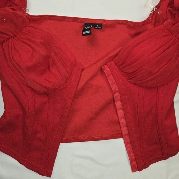 Windsor Small Red Corset Ruched Long‎ Sleeve Top Womens Romantic Night Out - Picture 4 of 12
